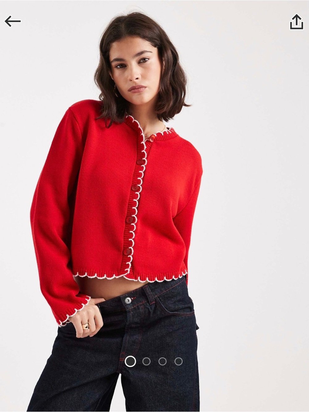 Red Scallop-Trim Knit Cardigan ASOS Sweater